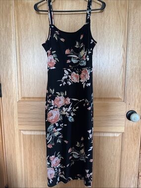 SHEIN Black Midi Slip Dress with Pink Rose Print
